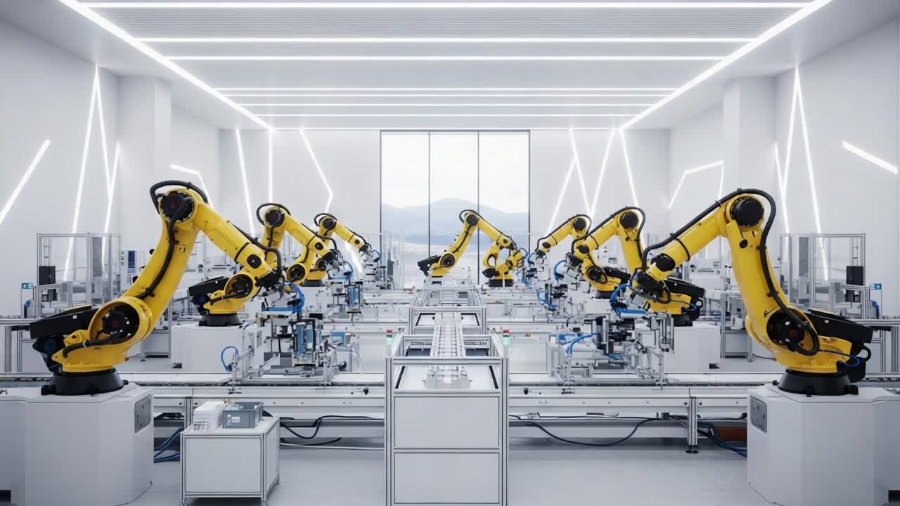 A High-Tech Assembly Line Featuring Multiple Robotic Arms in a Modern Industrial Setting, Showcasing Automation and Precision Engineering in Action
