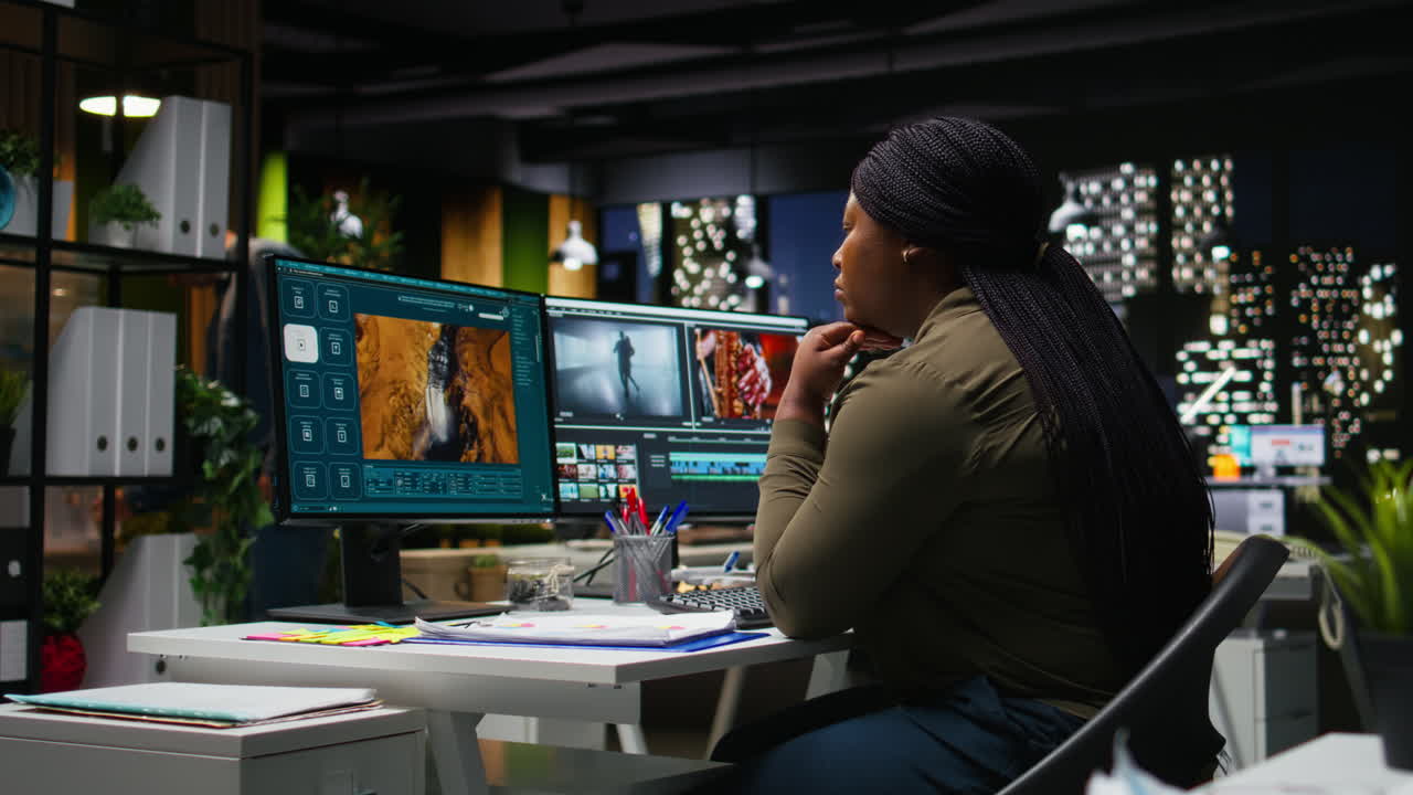 Woman video creator working on editing a movie montage project