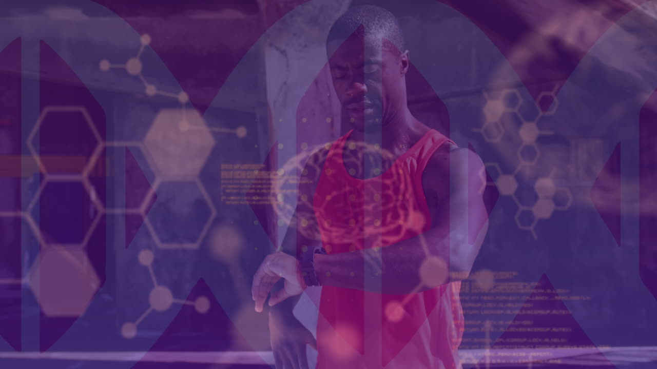 야외에서 스마트 워치를 사용하는 아프리카계 미국인 남성의 데이터 처리 애니메이션