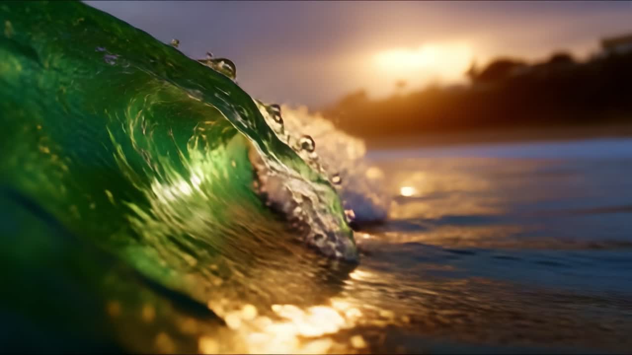 Captivating Waves: A Stunning Glimpse of Nature's Beauty Showcasing a Luminous, Green Wave at Sunset Against a Serene Background with Soft Light Reflections