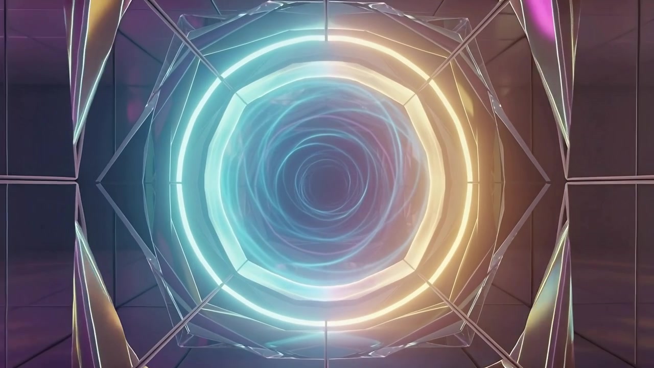 Zooming camera nearing central portal in mirrored chamber revealing neon rings and swirling vortex