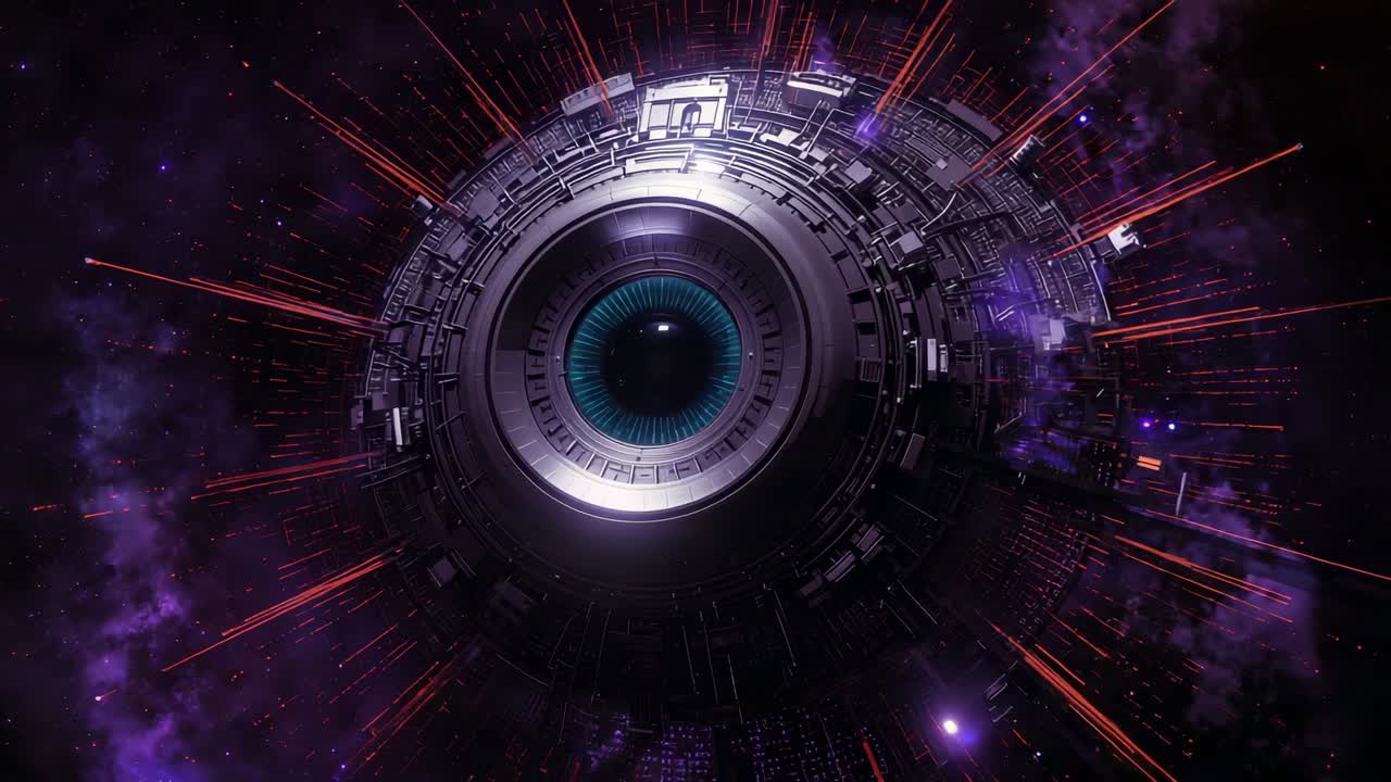 Upon aperture opening metallic orb rotating clockwise against purple nebula, projecting red beams