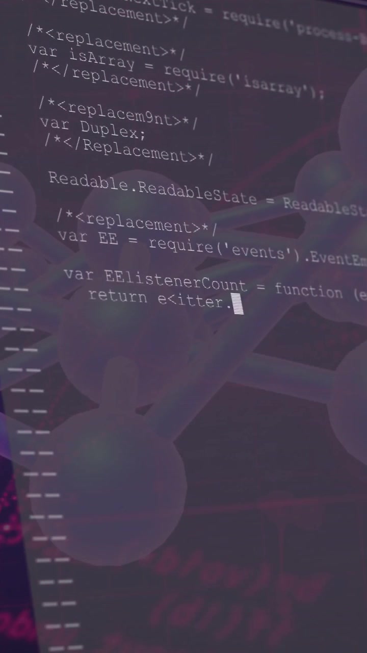 Video vertical: Terminal deslizándose desde la derecha, revelando líneas de código sobre un modelo molecular para revisión.