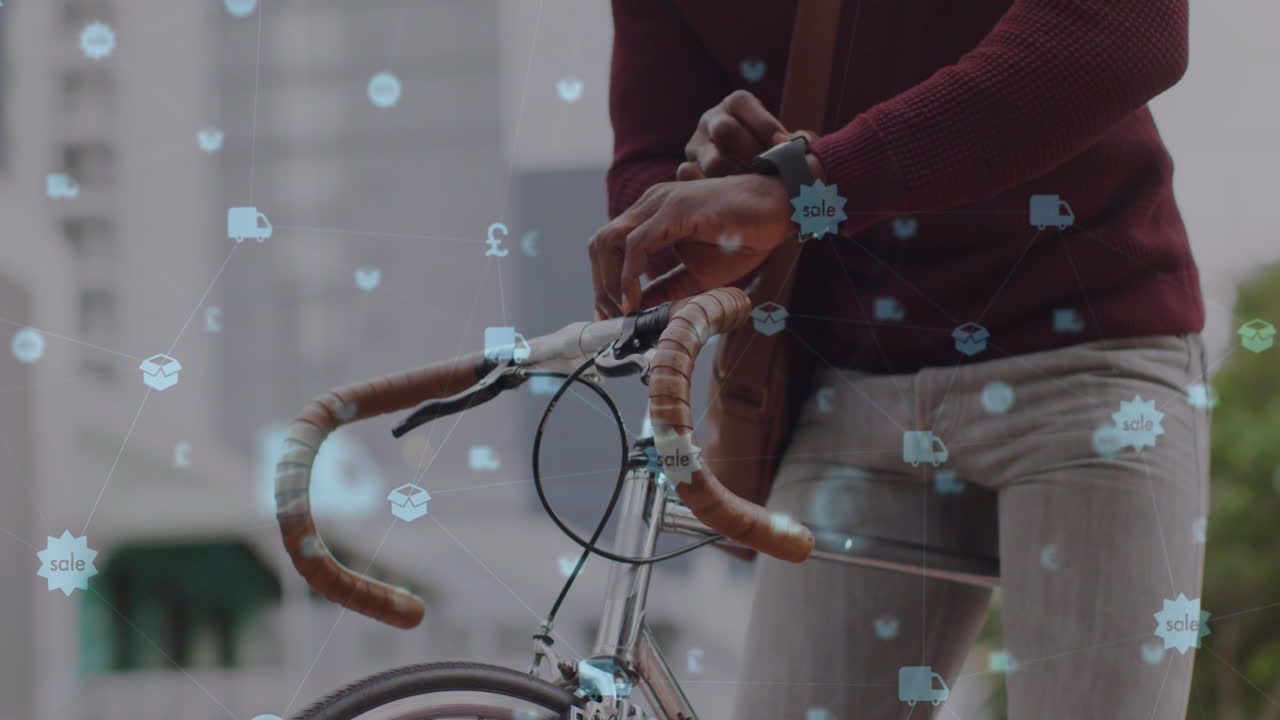 도시에서 자전거로 시간을 확인하는 사람 위에 디지털 아이콘으로 네트워크의 애니메이션