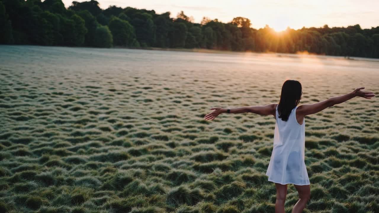 Mujer con los brazos extendidos abrazando la naturaleza al amanecer