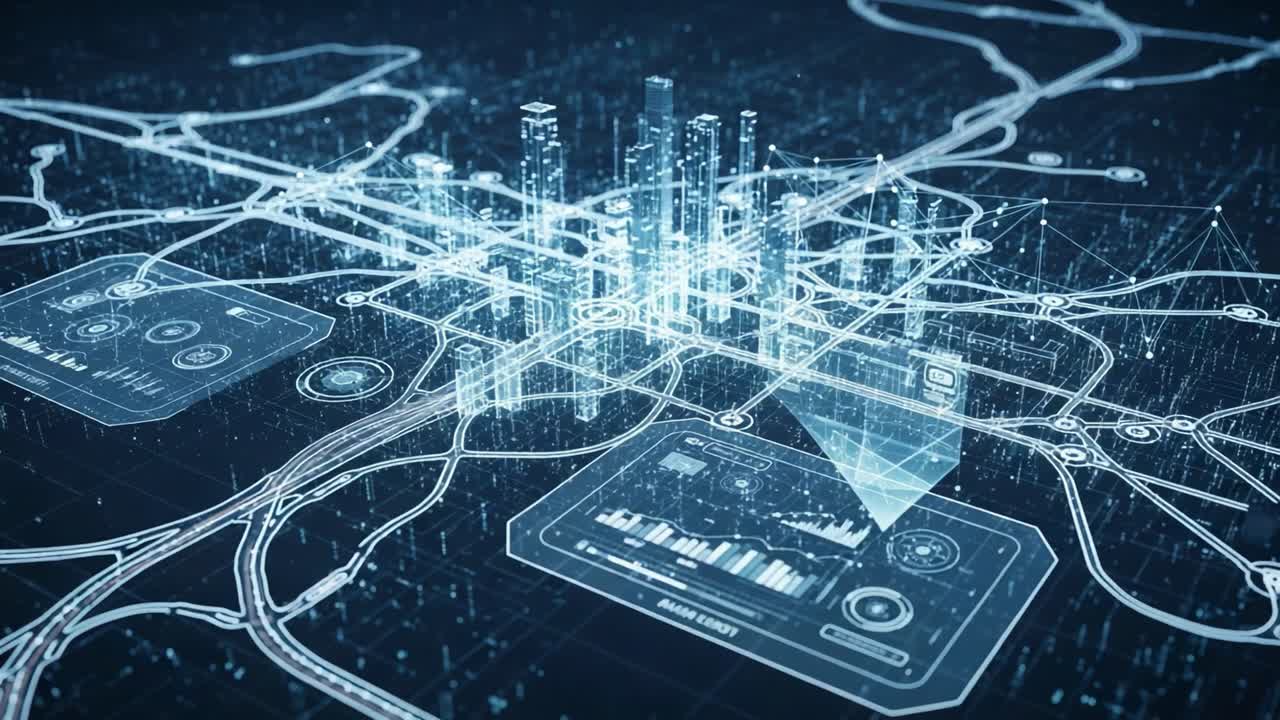 A Futuristic Cityscape Visualization Featuring Advanced Data Representations and Network Connectivity in an Urban Environment with Abstract Geometric Shapes