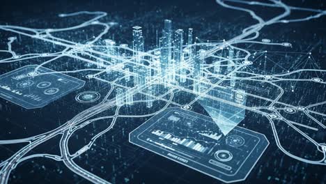 a futuristic cityscape visualization featuring advanced data representations and network connectivity in an urban environment with abstract geometric shapes