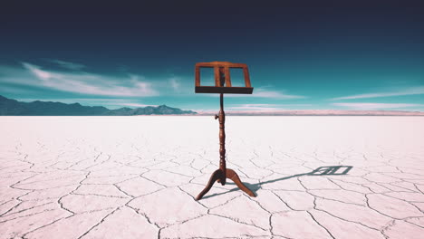 an old music stand is on white salt desert
