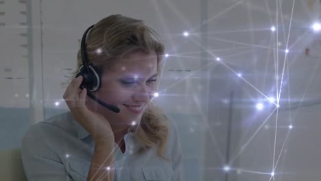 Animation-of-network-of-connections-over-businesswoman-wearing-phone-headset