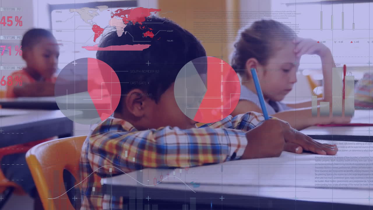 animación de una interfaz infográfica multicolor sobre un niño biracial escribiendo en un cuaderno en el aula