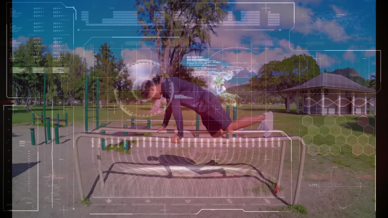 Exercising on parallel bars, man with digital animation overlay in park