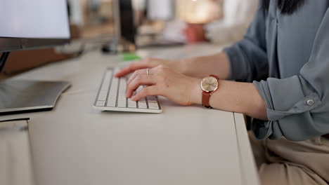 hands, computer and keyboard with a business woman