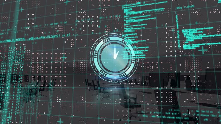 Animation of data processing and clock moving over office