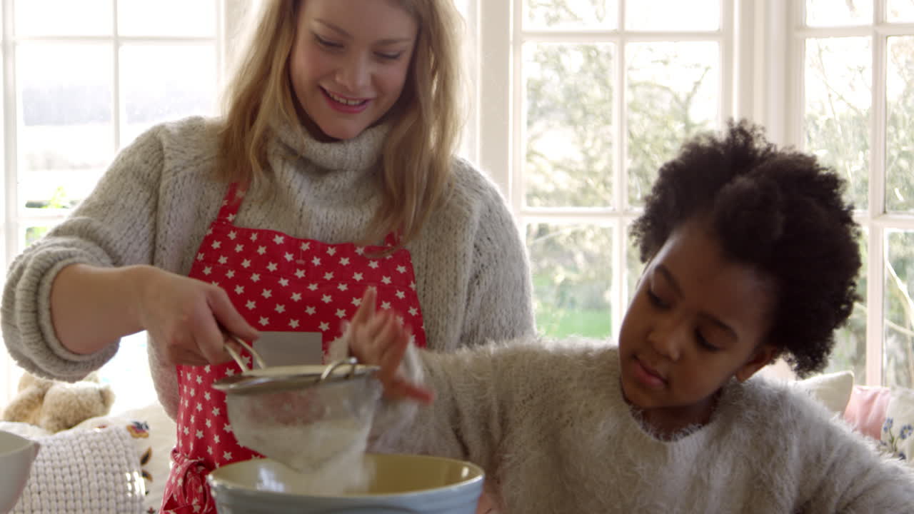 Mutter und Tochter backen Kuchen zu Hause, aufgenommen mit R3D