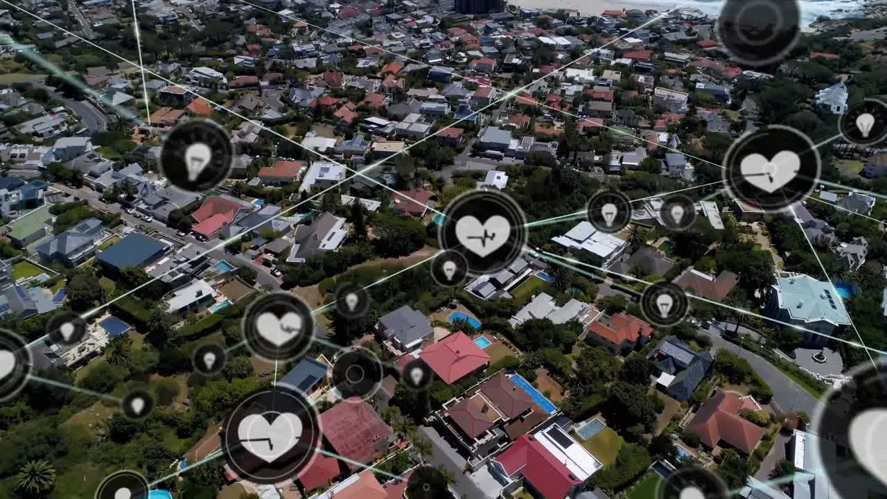 animación de la red de conexiones con iconos sobre el paisaje urbano