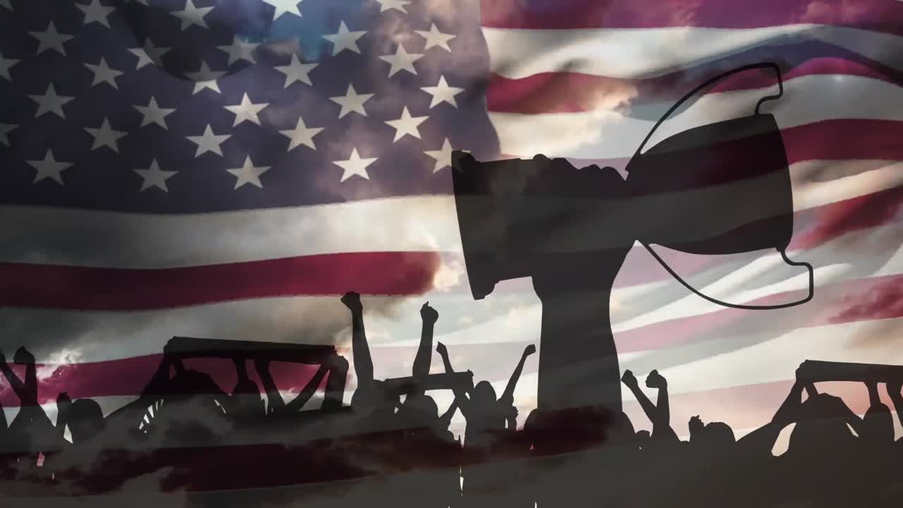 미국 발 위에 컵 실루을 가진 스포츠 지지자들의 애니메이션