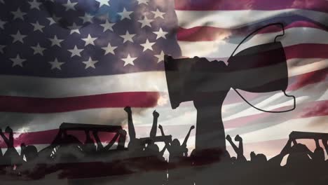 Animation-of-sports-supporters-with-cup-silhouettes-over-flag-of-united-states-of-america