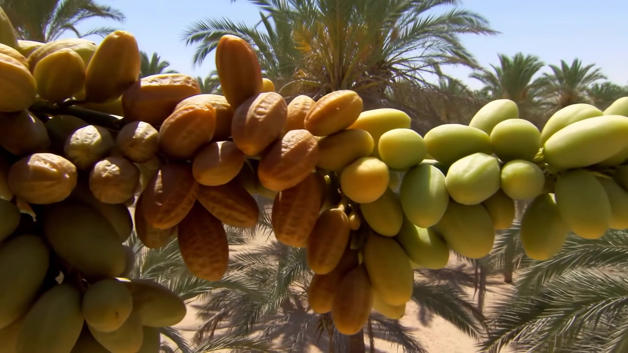 Close view follows dense dates as their color shifts steadily from fresh green to warm amber brown while bunches remain on the palm, framed by bright daylight and layered fronds.