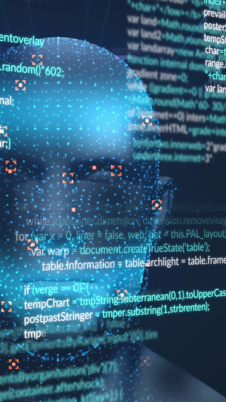animación de la cabeza digital y procesamiento de datos sobre fondo azul