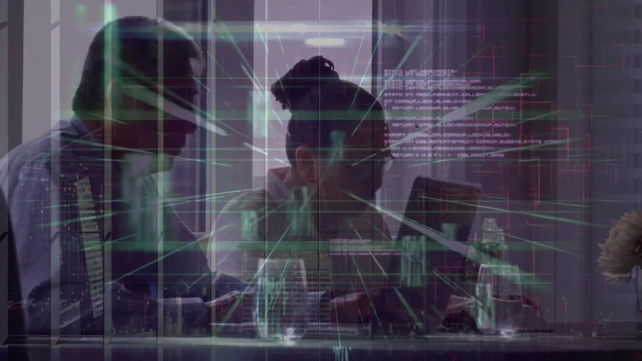 Animation of data processing over senior asian couple using laptop