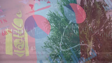 animación del procesamiento de datos financieros y bandera sobre el árbol de navidad.