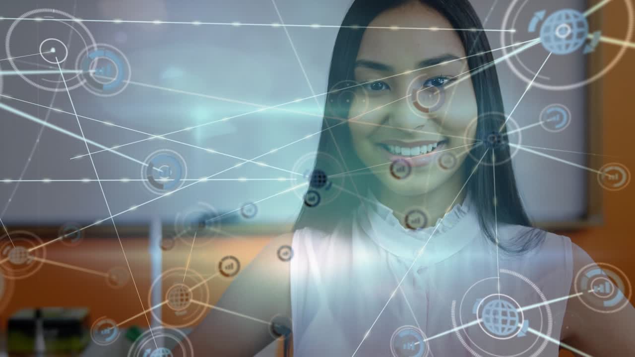 Animazione di rete di connessioni con icone su ragazza adolescente in classe