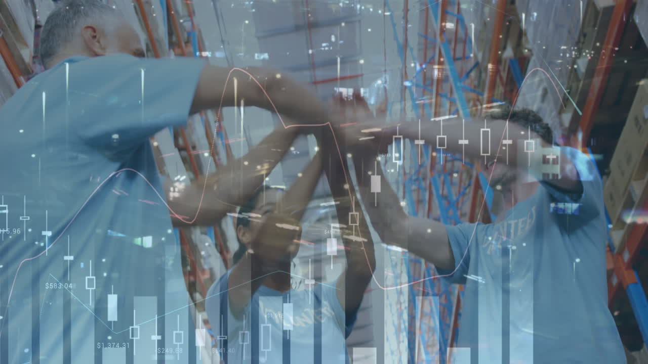 Animation of statistics financial data processing over people stacking hands in warehouse