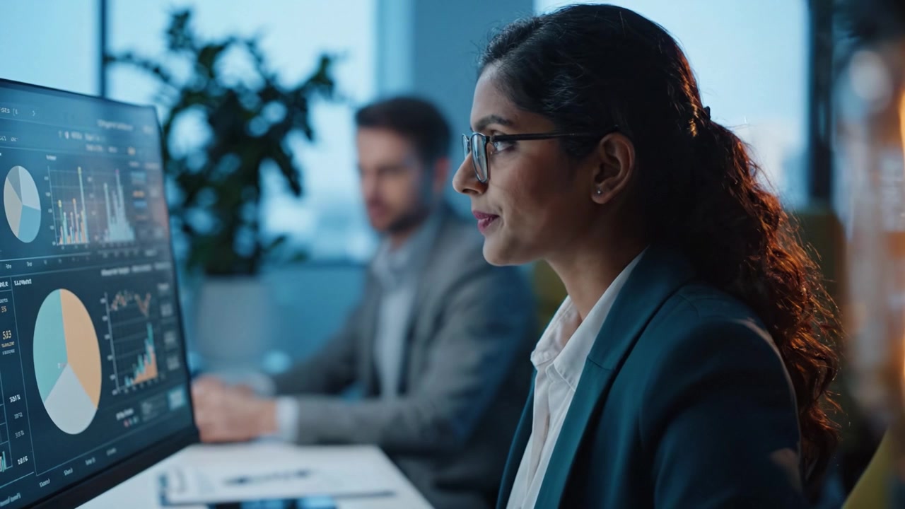 Fokuseret professionel analyserer datatendenser på computerskærm i moderne kontormiljø med kolleger i baggrunden i aftentimerne.