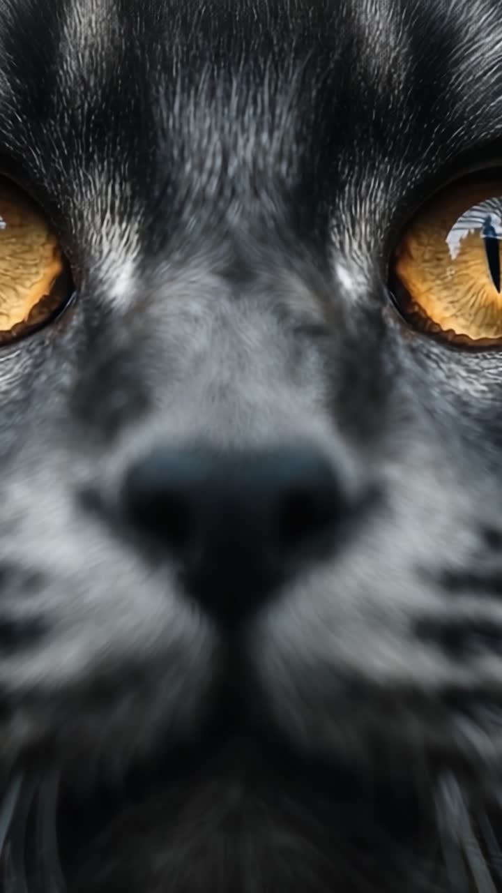 Close-up View of a Cat's Face Featuring Striking Yellow Eyes and a Black Fur Pattern, Capturing the Unique Details and Expression of This Feline