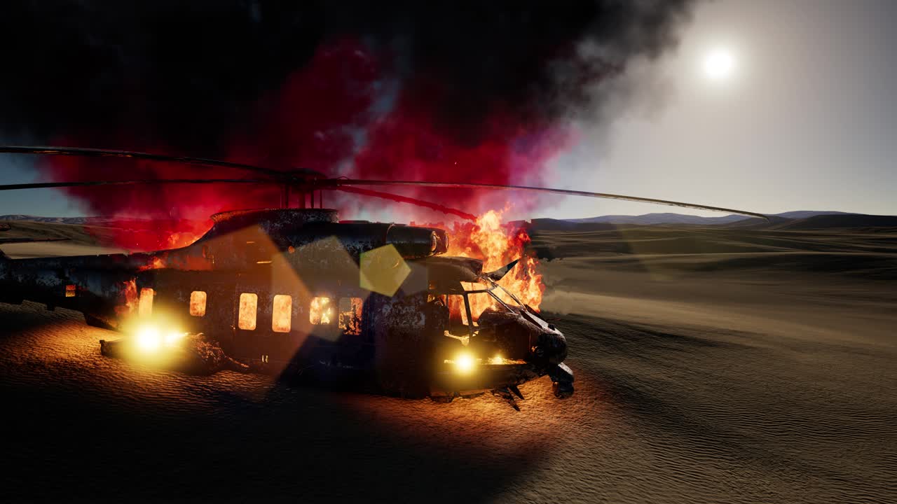 helicóptero militar quemado en el desierto al atardecer