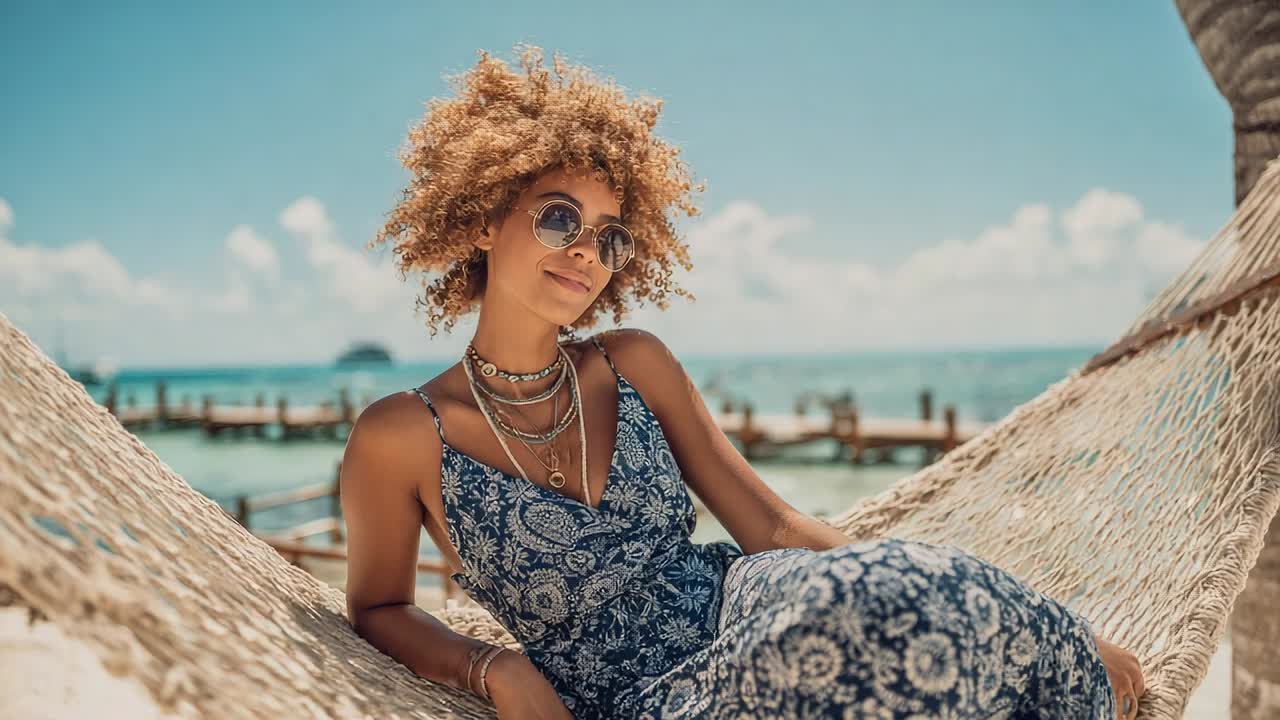 Woman relaxing on a hammock by the beach under clear skies
