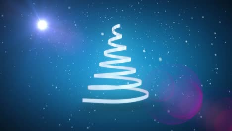 Animation-Von-Weihnachtsbaum-Und-Schnee,-Der-Auf-Blauen-Hintergrund-Fällt