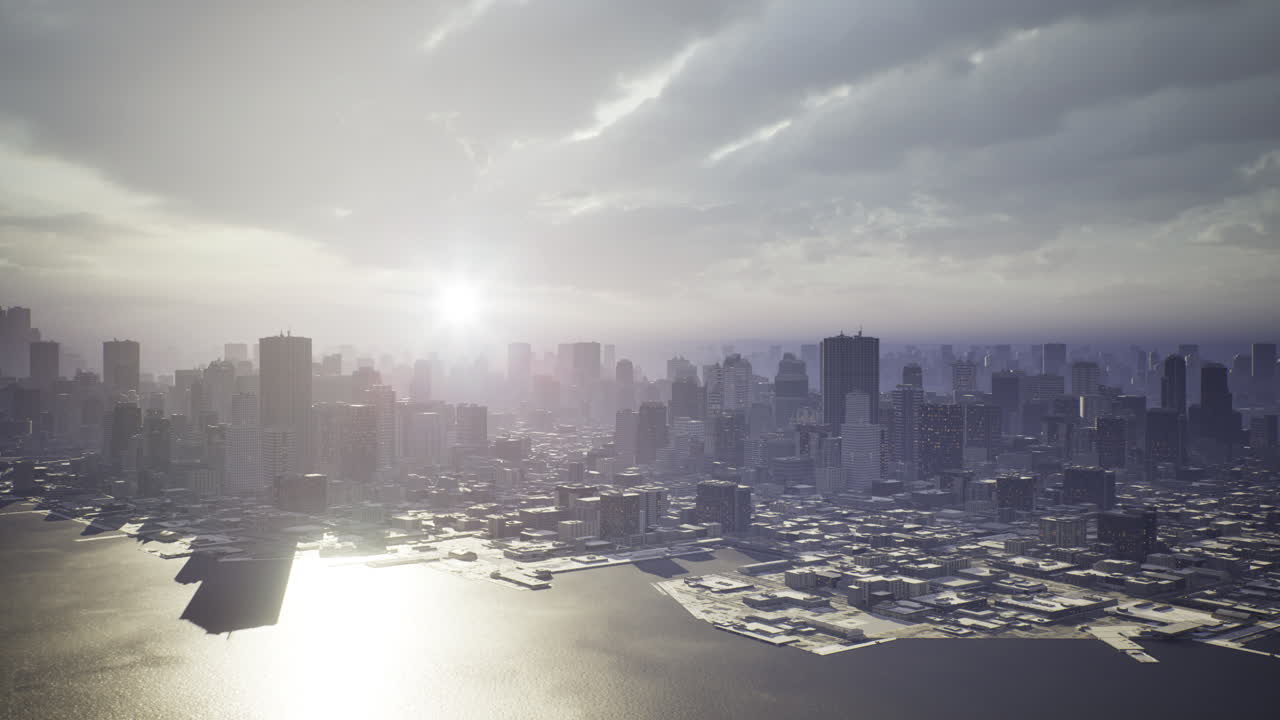 City skyline bathed in golden light during a cloudy evening hour