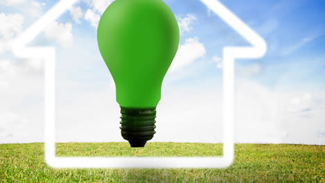 animation of green light bulb in white house icon over blue sky and grass