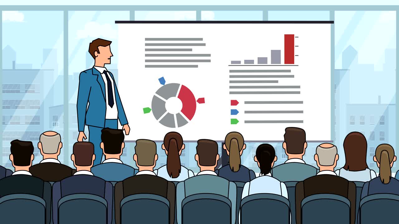 그래프 보드 근처의 컨퍼런스 비즈니스 회의에서 평평한 만화 사업가 캐릭터 스피커