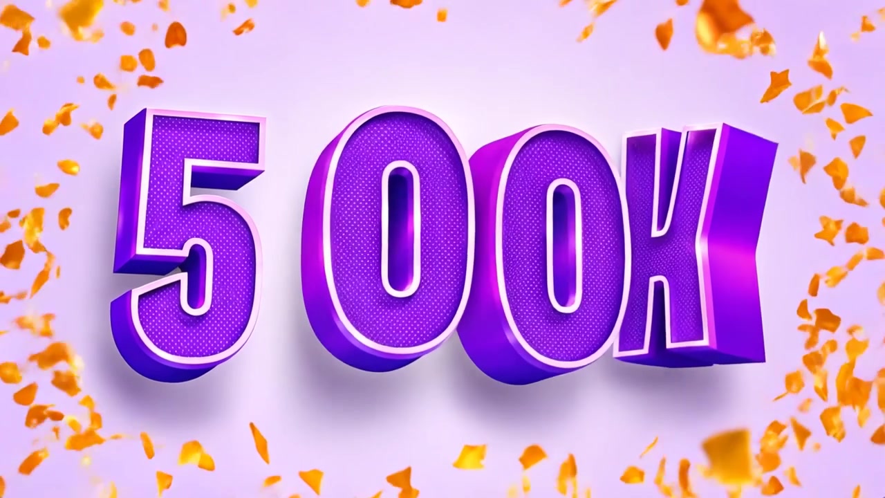 Celebrazione per 500.000 follower: Grazie, con tipografia dimensionale viola e cuori