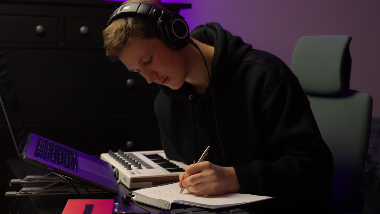 En fyr, der skriver i sin notesbog, mens han har hovedtelefoner på ved siden af et midi-keyboard, tæt på