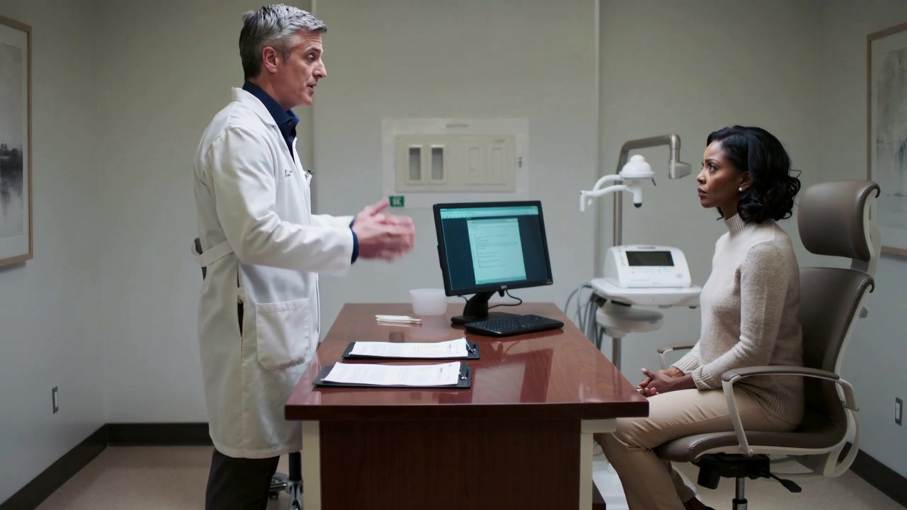 Opening folder Dr in lab coat referencing papers in exam room while patient in sweater listening