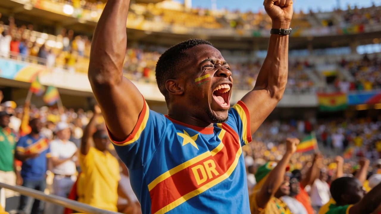 Uomo che esulta per un gol, alzando le braccia e urlando nello stadio, indossando una maglia blu della DR.
