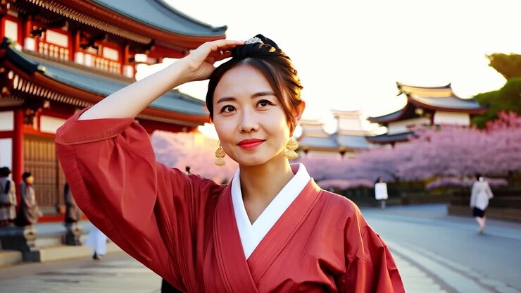 Young woman wearing a vibrant kimono smiles while fixing her hair outside a traditional japanese temple. The scene captures the essence of japanese culture and beauty in spring