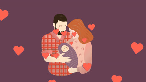 animation of caucasian couple with baby over purple background with hearts