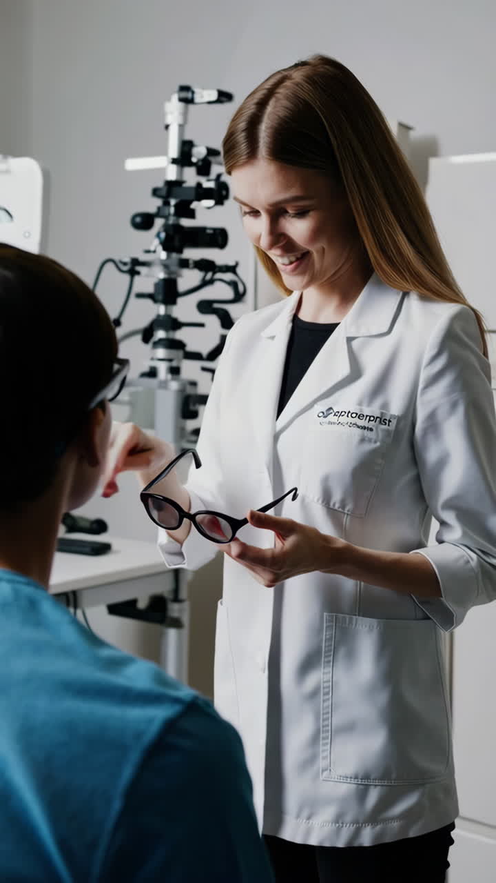 Optometrist handing glasses to a patient during an eye exam