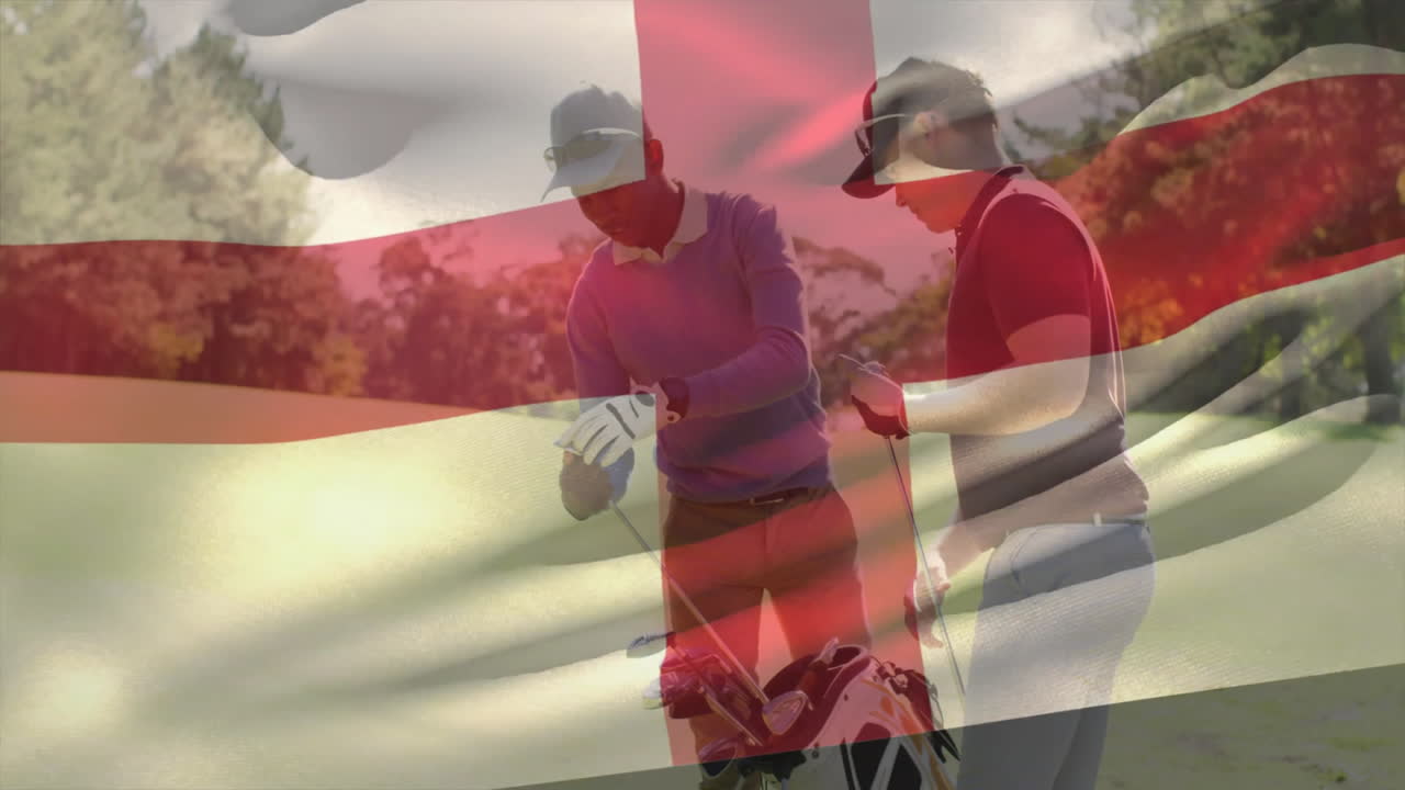 Two golfers selecting clubs on sunny sports fairway, featuring England flag overlay and golf bag