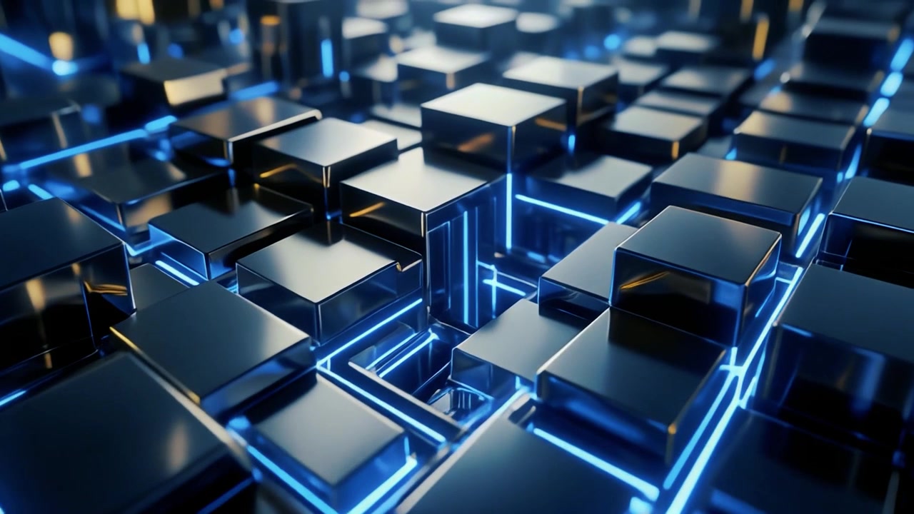 Abstract Digital Background with Moving Metallic Cubes and Glowing Blue Light