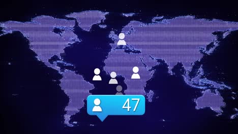 animación de números cambiantes en el cuadro de mensajes y iconos de perfil contra el mapa en el fondo