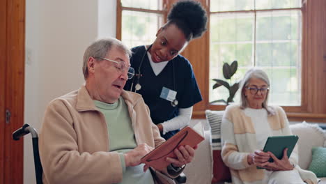 Senior-man,-reading-and-nurse-talking-in-home