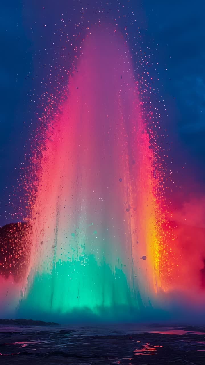 Vertical video: Lights starting fountain shooting colored jets in pool at night, mist for display
