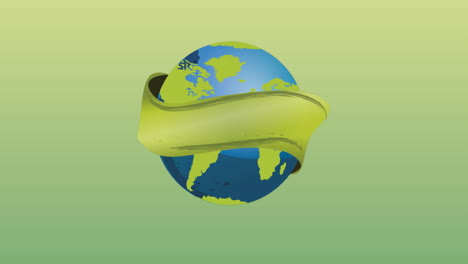 animatoin of globe with green ribbon on green background