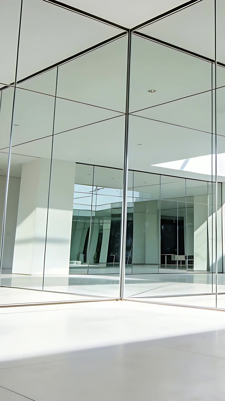 Video vertical: Cámara en movimiento revelando una esquina de cristal en un interior limpio para mostrar el cambio de reflejo