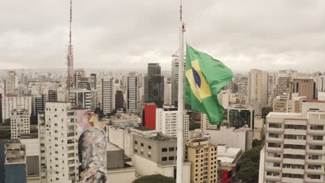 aerial orbiting shot if waving brazilian flag on flagpole in front of skyline in sao paulo city during cloudy day